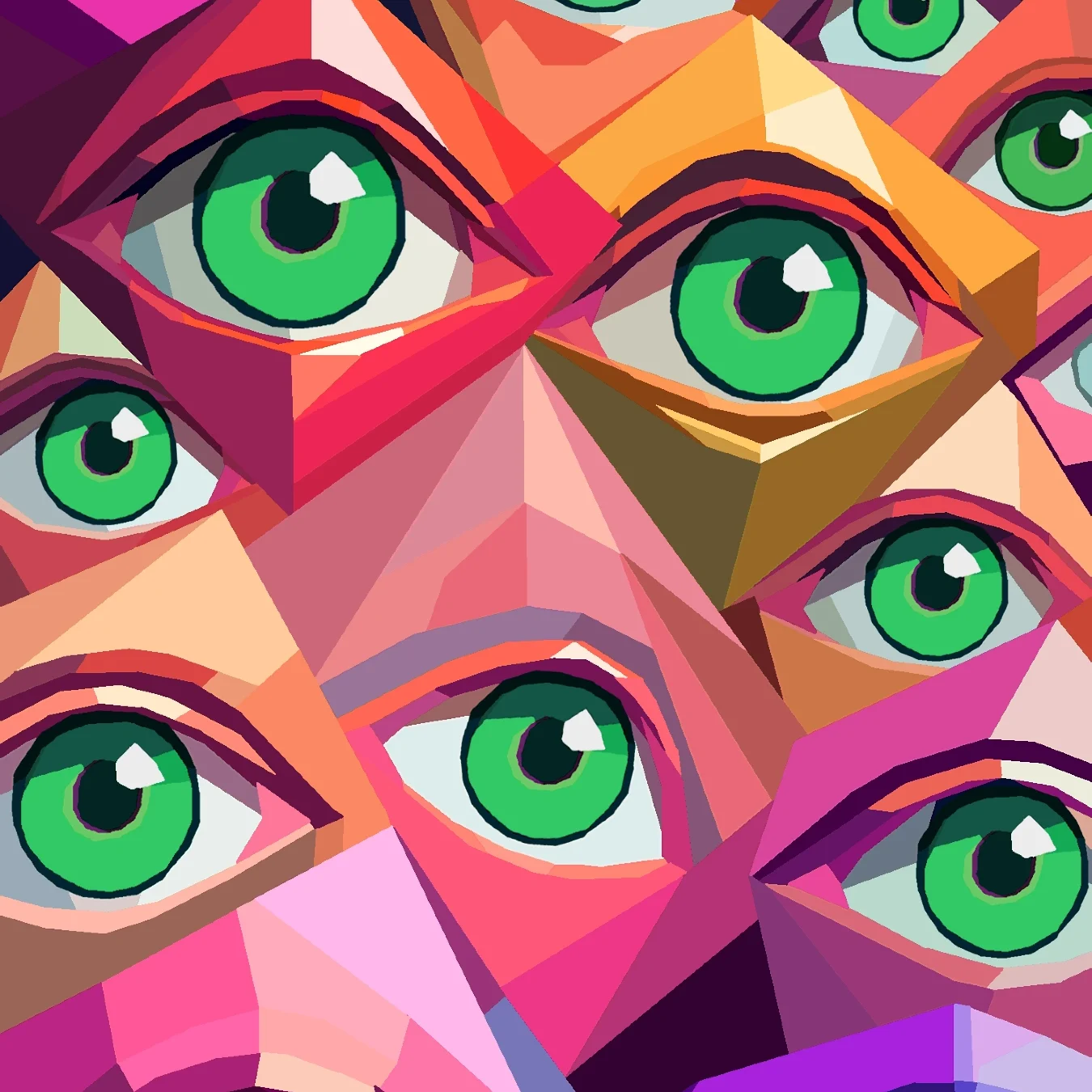 Surreal digital artwork of green eyes